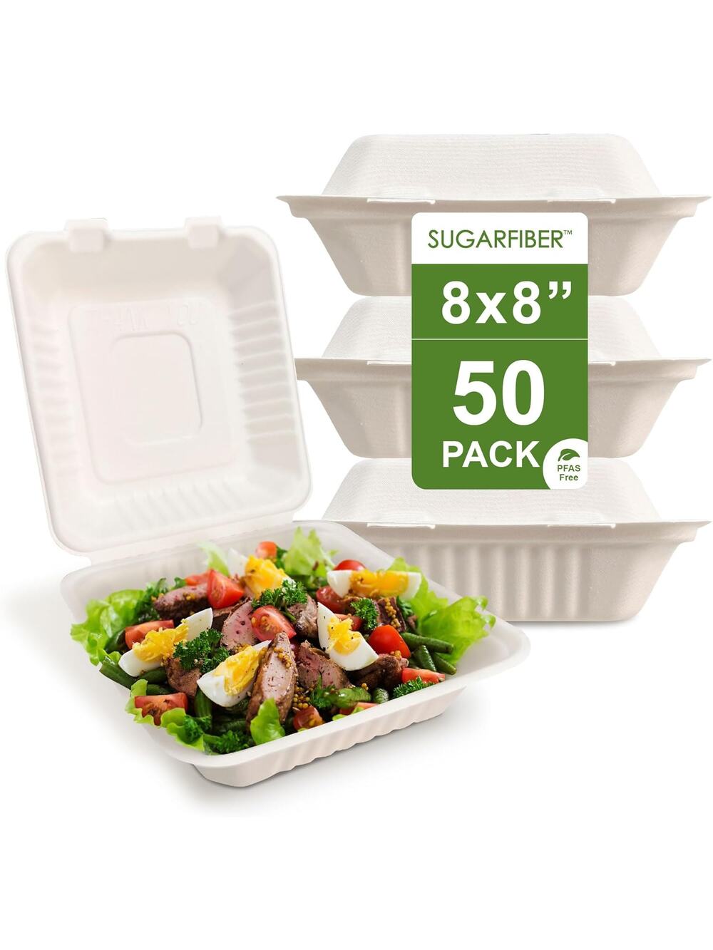 50 Pack 8x8 Compostable Clamshell Food Containers PFAS Free Bagasse Hinged Box